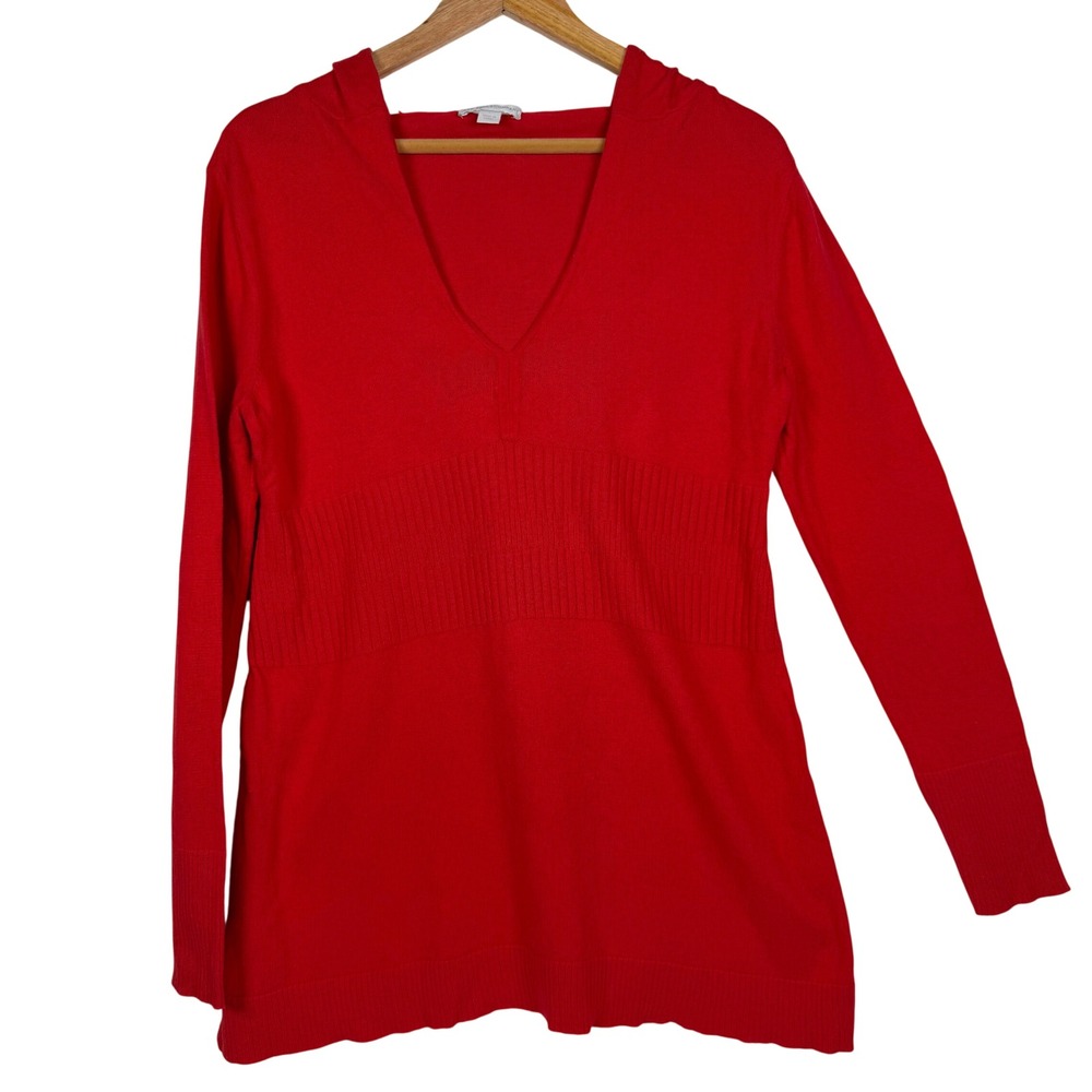 New York & Company Red V-Neck‎ Hooded Sweater Ribbed Empire Waist Womens Large